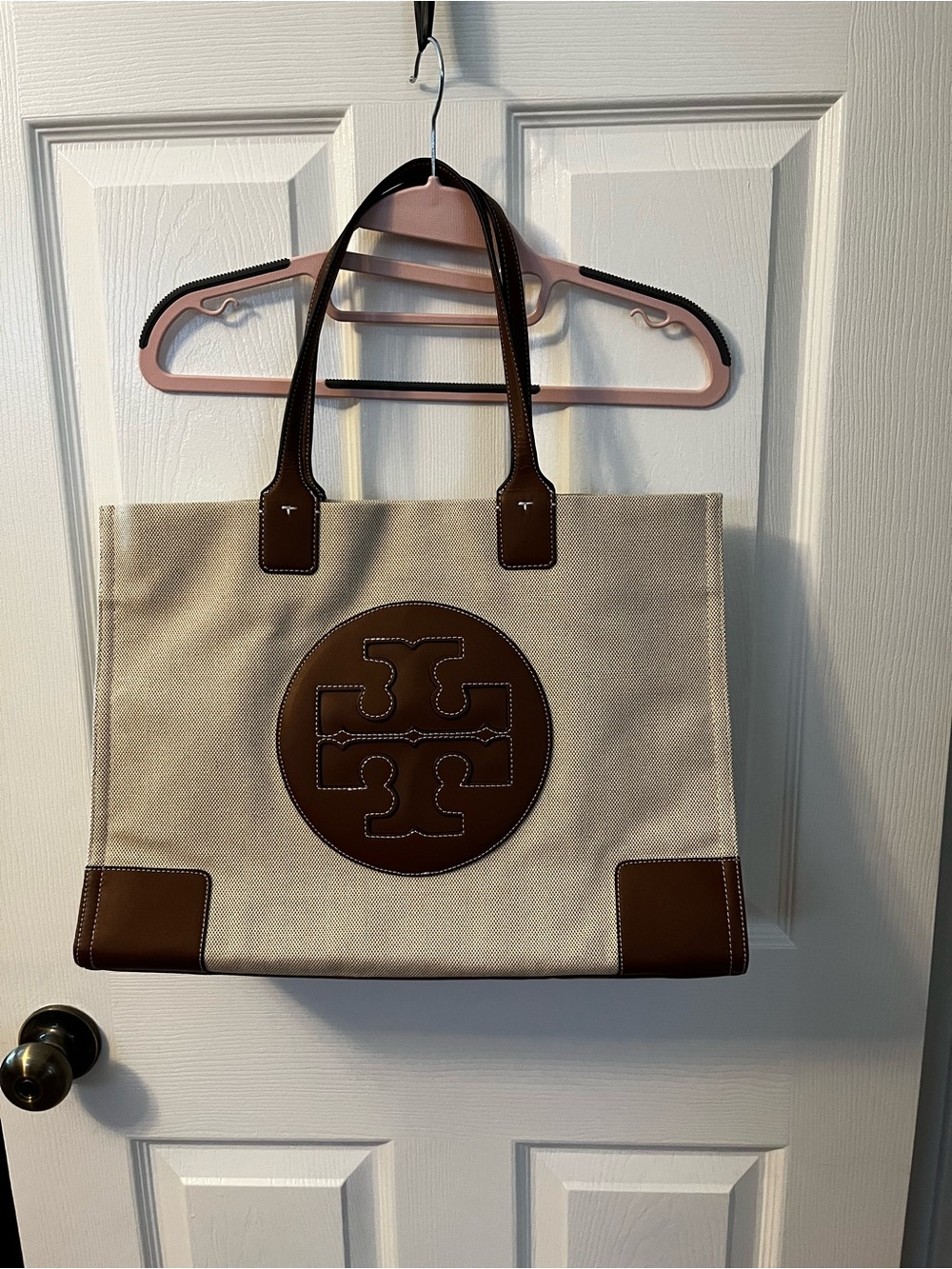 Tory Burch Beige Canvas Tote with Brown Leather Trim and Logo